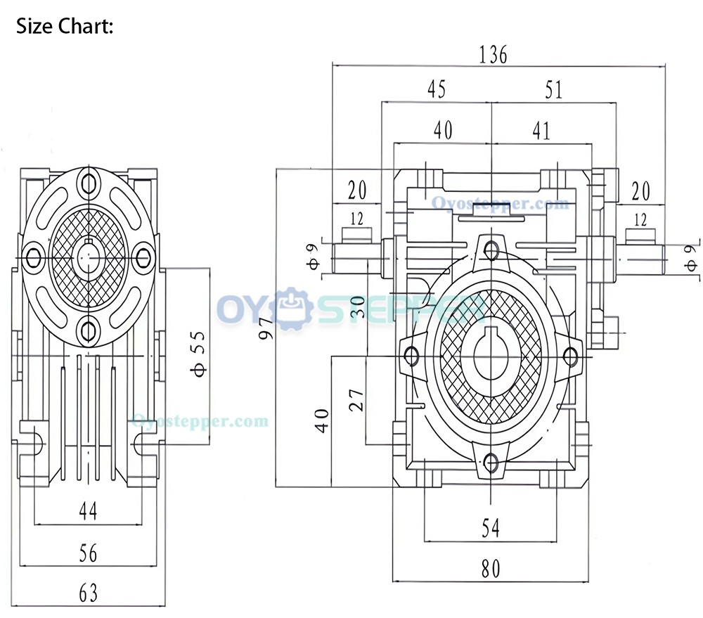 NRV030-VS 5:1-80:1 Worm Gearbox Reducer Input Shaft 9mm Output Hole 14mm Double Input Shaft